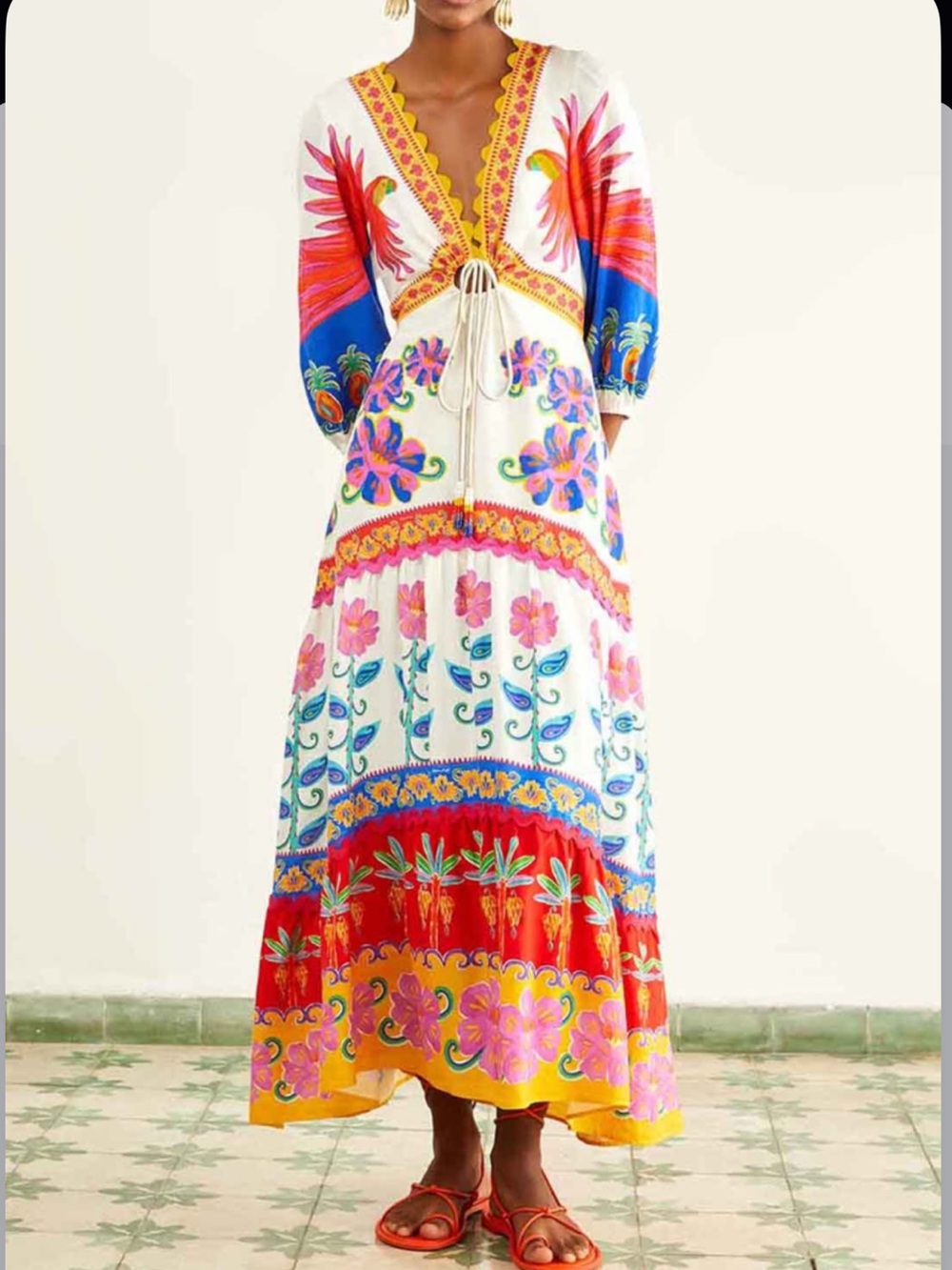 FARM Rio White Maxi Dress with Red, Pink, Blue & Yellow Floral Print - Picture 1 of 6